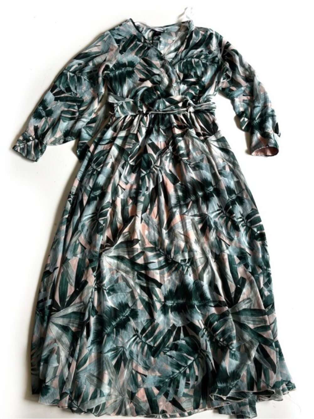 Kate and Lily Green and Pink Tropical Palm Print Short Sleeve Maxi Dress - 6